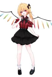  1girl absurdres alternate_costume belt black_belt black_bow black_bowtie black_shoes black_skirt blonde_hair bow bowtie can commentary_request crystal crystal_wings flandre_scarlet full_body hair_bow highres holding holding_can jirai_kei korira looking_at_viewer multicolored_wings one_side_up open_mouth red_eyes red_shirt shirt shoes simple_background skirt skirt_hold smile solo tachi-e touhou twitter_username white_background wings 