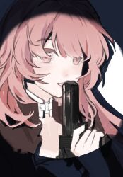  1girl arknights chinese_commentary finger_on_trigger gun handgun highres holding holding_gun holding_weapon jinzhi_tingche latin_commentary lemuen_(arknights) long_hair looking_ahead mixed-language_commentary parted_lips pink_eyes pink_hair solo spotlight upper_body weapon 