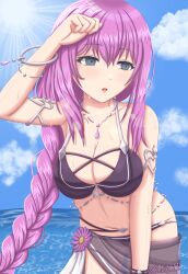  1girl absurdres bikini black_bikini black_sarong blue_sky bracelet braid breasts cleavage cloud eris_(princess_connect!) eris_(summer)_(princess_connect!) grey_eyes hand_on_own_forehead highres jewelry kei_03 large_breasts leaning_forward long_braid long_hair looking_to_the_side low-braided_long_hair low-tied_long_hair ocean parted_lips princess_connect! purple_hair sarong see-through_clothes see-through_sarong sidelocks silver_bracelet sky standing swimsuit teardrop_necklace 