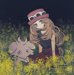  1girl black_shirt blonde_hair closed_mouth espurr expressionless eyewear_on_headwear field flower flower_field gen_6_pokemon hat highres horimhkw11 long_hair looking_at_viewer low-tied_long_hair nintendo pleated_skirt pokemon pokemon_(creature) pokemon_xy red_skirt serena_(pokemon) shirt skirt sleeveless sleeveless_shirt sunglasses 