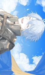  1boy :d absurdres ameu_ri antenna_hair armor black_choker black_shirt blue_cape blue_sky cape choker closed_eyes coat commentary_request floating_cape highres honkai:_star_rail honkai_(series) male_focus open_mouth parted_bangs pauldrons phainon_(honkai:_star_rail) shirt short_hair shoulder_armor sideways single_pauldron sky smile solo white_coat white_hair 