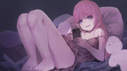  1girl absurdres bang_dream! bang_dream!_it&#039;s_mygo!!!!! barefoot breasts cellphone chihaya_anon doll drooling highres holding holding_phone knees_up long_hair open_mouth phone pink_hair pugwit purple_eyes smartphone smile solo strap_slip thighs 