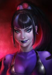  1girl absurdres black_hair black_lips bodysuit breasts cleavage dc_comics ear_piercing earrings eyeshadow green_eyes highres jewelry lipstick long_hair looking_at_viewer makeup mascara medium_breasts multicolored_hair nose piercing ponytail punchline_(dc) purple_bodysuit purple_eyeshadow purple_hair purple_lips smile solo spikes streaked_hair two-tone_hair upper_body zyllypepper 