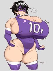  10-ton 1girl absurdres black_hair boku_no_hero_academia breasts brown_eyes bursting_breasts cleavage_cutout clenched_hand clothing_cutout elbow_gloves gigantic_breasts gloves hayabusart highres leotard mask plump purple_gloves purple_leotard purple_thighhighs short_hair skindentation solo standing sweat thick_thighs thighhighs thighs 