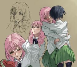  2girls absurdres arms_behind_back black_bow black_bowtie black_hair blush bow bowtie commentary drill_hair english_commentary green_skirt hakamichi_shizune hand_on_another&#039;s_cheek hand_on_another&#039;s_face highres hug juliet_sleeves katawa_shoujo long_sleeves mikado_shiina multiple_girls nonsense_(dcrn4428) puffy_sleeves school_uniform shirt sketch skirt smile thighhighs valentine white_shirt yamaku_high_school_uniform yellow_eyes yuri 