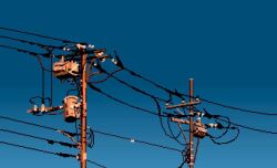  blue_sky hisachan55cute no_humans original pixel_art power_lines scenery simple_background sky sky_focus transformer utility_pole 