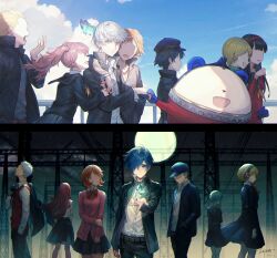  6+boys 6+girls aigis_(persona) amagi_yukiko animal_costume arm_around_shoulder black_coat black_hair black_jacket black_skirt black_sky blonde_hair blue_hair blue_hat blue_sky bow bowtie brown_hair bug butterfly cloud cloudy_sky coat dappled_moonlight dappled_sunlight dress_shirt faceless faceless_female faceless_male facing_another facing_away facing_to_the_side facing_viewer full_moon green_sweater grey_hair hair_over_one_eye hairband hanamura_yousuke hand_up hands_in_pockets happy hat highres holding_hands holding_own_arm holding_unworn_jacket indoors insect iori_junpei jacket jacket_over_shoulder kirijou_mitsuru kotomeiro kujikawa_rise kuma_(persona_4) looking_at_another looking_to_the_side looking_up moon moonlight multiple_boys multiple_girls narukami_yu newsboy_cap night night_sky one_eye_covered open_clothes open_coat open_hand open_jacket open_mouth outdoors outstretched_arms persona persona_3 persona_4 pink_sweater pleated_skirt ponytail popped_collar red_bow red_bowtie red_hairband red_shirt red_vest sanada_akihiko satonaka_chie school_uniform shirogane_naoto shirt skirt sky sunlight sweater takeba_yukari tatsumi_kanji truss two-tone_background untucked_shirt unworn_jacket vest warehouse white_shirt yamagishi_fuuka yawning yuuki_makoto_(persona_3) 