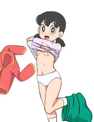  1girl black_hair breasts doraemon goldmondsel looking_at_viewer minamoto_shizuka nipples open_mouth panties shirt small_breasts socks solo twintails underwear undressing unworn_shirt white_socks 