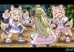  3girls afterimage ahoge animal_ears asymmetrical_legwear bilingual_commentary black_coat black_jacket blue_hair braid buru-dai cape claw_pose closed_eyes coat commentary crown_braid dog_ears dog_girl dog_tail dress ear_wiggle english_commentary fangs fishnet_socks fishnets fur-trimmed_cape fur-trimmed_jacket fur_trim fuwawa_abyssgard fuwawa_abyssgard_(1st_costume) hair_ornament hairclip hololive hololive_english horns jacket jurassic_world letterboxed meme mixed-language_commentary mococo_abyssgard mococo_abyssgard_(1st_costume) multicolored_hair multiple_girls parody pink_hair prattkeeping_(meme) sheep_ears sheep_girl sheep_horns skin_fangs socks squatting streaked_hair tail tail_wagging tsunomaki_watame tsunomaki_watame_(1st_costume) two-tone_hair virtual_youtuber white_cape white_dress x_hair_ornament 