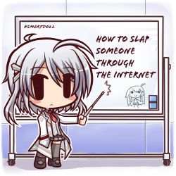  absurdres artist_request chibi chibi_inset commentary copyright_logo creative_commons culture_japan danny_choo english_commentary english_text grey_hair highres lab_coat meme mirai_millennium pointer shirasawa_chitose smart_doll suenaga_mirai white_background whiteboard 