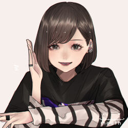  1girl artist_logo black_shirt brown_hair commentary_request ear_piercing earlobe_stretcher eyelashes grey_background grey_eyes highres jewelry layered_sleeves licking_lips lipstick logo long_sleeves looking_at_viewer makeup mano_aaa notice_lines original parted_lips piercing purple_lips ring shirt short_hair short_over_long_sleeves short_sleeves solo swept_bangs t-shirt tongue tongue_out upper_body 