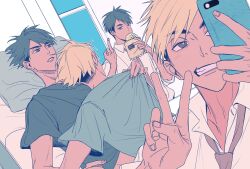  2boys black_hair blonde_hair bread brothers brown_eyes collared_shirt commentary_request eating fingernails food grey_eyes grey_hair grey_necktie grin haikyuu!! highres holding holding_food holding_phone looking_at_another lying lying_on_person male_focus melon_bread middle_finger miya_atsumu miya_osamu miyaii17 multicolored_hair multiple_boys multiple_views necktie on_back open_collar phone pillow shirt short_sleeves siblings smile t-shirt teeth twins two-tone_hair v white_shirt window 