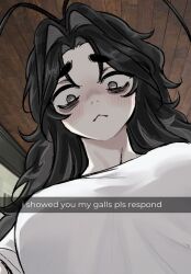  1girl antenna_hair antennae bags_under_eyes black_hair blush breasts cockroach_girl dress english_text exhausted from_below glaring hair_over_eyes i_showed_you_my_dick_please_respond_(meme) large_breasts long_hair looking_at_viewer marblechii meme messy_hair original roach_girl_(marblechii) role_reversal solo standing 