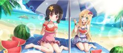  2girls :d :t ahoge bare_arms bare_legs bare_shoulders barefoot beach beach_towel beach_umbrella blonde_hair blue_eyes blue_sky bracelet braid brown_hair casual_one-piece_swimsuit chewing child closed_mouth cloud cloudy_sky covered_navel day eating flower food frilled_one-piece_swimsuit frills fruit game_cg hair_flower hair_ornament hairpin halterneck hibiscus highres holding holding_food holding_spoon horizon iris_(konosuba) jewelry komekko kono_subarashii_sekai_ni_shukufuku_wo! konosuba!_fantastic_days long_hair looking_at_viewer multiple_girls necklace ocean official_alternate_costume official_art on_ground one-piece_swimsuit open_mouth outdoors palm_tree pink_one-piece_swimsuit pink_ribbon red_eyes red_flower ribbon sand shade short_hair short_twintails side_braid sidelocks sitting sky smile sparkle spoon star_(symbol) star_hair_ornament starfish sunlight swimsuit towel tree twintails umbrella wariza water watermelon white_one-piece_swimsuit wrist_cuffs yokozuwari 