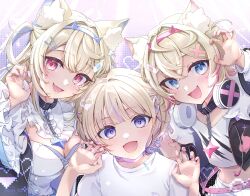  3girls absurdres animal_ear_fluff animal_ears blonde_hair blue_eyes blue_hair blush breasts choker dog_ears dog_girl fuwawa_abyssgard fuwawa_abyssgard_(1st_costume) hair_ornament highres hololive hololive_dev_is hololive_english large_breasts long_hair looking_at_viewer mococo_abyssgard mococo_abyssgard_(1st_costume) multicolored_hair multiple_girls open_mouth piita pink_eyes pink_hair purple_eyes purple_hair shirt short_hair siblings sisters streaked_hair todoroki_hajime twins two_side_up virtual_youtuber white_shirt x_hair_ornament 