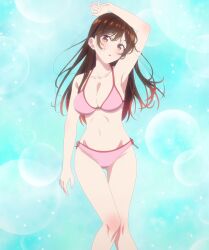  1girl anime_screenshot armpits bikini breasts brown_eyes brown_hair cleavage collarbone gluteal_fold highres kanojo_okarishimasu large_breasts long_hair looking_at_viewer mizuhara_chizuru navel parted_lips pink_bikini side-tie_bikini_bottom sidelocks stitched stomach swimsuit thigh_gap thighs third-party_edit wide_hips 