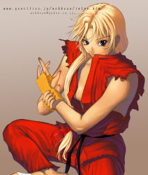  1girl armor bandages bandaid blonde_hair blue_eyes breasts capcom dougi eyebrows fang female_focus genderswap genderswap_(mtf) hair_ribbon indian_style japanese_armor ken_masters kote long_hair low-tied_long_hair medium_breasts mouth_hold nekkeau no_bra ribbon sideboob sitting sleeveless solo street_fighter watermark web_address 