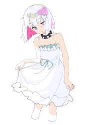 1girl absurdres bare_shoulders collar colored_inner_hair cropped_legs dohna_dohna_issho_ni_warui_koto_o_shiyou dress expressionless flat_chest hair_ornament heart heart_hair_ornament highres looking_at_viewer multicolored_hair pink_eyes pink_hair porno_(dohna_dohna) ri-el short_hair simple_background skirt_hold sleeveless sleeveless_dress solo spiked_collar spikes two-tone_hair white_background white_dress white_hair rating:General score:12 user:danbooru