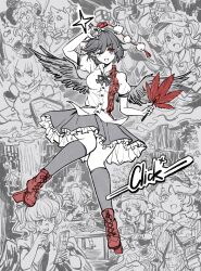  6+girls bird_wings black_skirt black_socks black_wings breasts camera camouflage camouflage_skirt collared_shirt feathered_wings frilled_sleeves frills geta hair_over_one_eye hand_fan hat hauchiwa highres himekaidou_hatate hisou_tensoku holding holding_camera holding_fan inubashiri_momiji kappa kappa_mob_(touhou) kawashiro_nitori key kneehighs leaf_print limited_palette mecha medium_breasts mountain_of_faith multiple_girls pointy_ears puffy_short_sleeves puffy_sleeves red_eyes red_footwear robot shameimaru_aya shirt shishui_guima short_sleeves skirt socks tengu-geta tokin_hat touhou white_shirt wings yamashiro_takane  rating:General score:1 user:danbooru