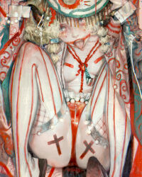  1girl absurdres artist_name blonde_hair blue_eyes commentary cross fishnets highres long_hair open_mouth original pale_skin seok98 solo tongue tongue_out 