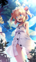  arms_behind_back bare_shoulders blonde_hair blue_eyes blurry blush bow breasts buttons chima_q cloud cloudy_sky collarbone commentary_request cowboy_shot day depth_of_field dress fairy_wings fang hair_bow headdress highres open_mouth outdoors panties pantyshot partial_commentary polka_dot polka_dot_panties red_bow see-through_clothes see-through_dress short_hair sidelocks sky small_breasts smile solo standing sundress sunny_milk touhou two_side_up underwear white_headdress wings 