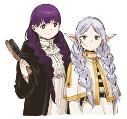  2girls alternate_hairstyle black_coat black_robe blunt_bangs capelet closed_mouth coat dress earrings elf fern_(sousou_no_frieren) frieren green_eyes grey_hair highres holding holding_brush jewelry long_hair long_sleeves looking_at_viewer multiple_girls parted_bangs pointy_ears purple_eyes purple_hair purple_pupils robe shirt sousou_no_frieren striped_clothes striped_shirt twintails wanderjegson white_background white_capelet white_dress 