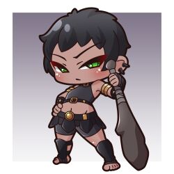  1girl absurdres armor bare_shoulders bike_shorts black_hair black_shirt black_shorts blush chibi closed_mouth club_(weapon) commentary_request crop_top ear_piercing foot_wraps full_body gradient_background greaves green_eyes grey_background hand_on_own_hip hand_wraps highres holding holding_club holding_weapon leo_(zodiac) looking_at_viewer midriff navel no_shoes original personification piercing saishosaisekojo shirt shorts sleeveless sleeveless_shirt solo standing v-shaped_eyebrows weapon zodiac 