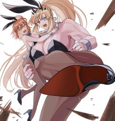  2girls animal_ear_hairband animal_ears aqua_eyes barghest_(fate) black_bow black_bowtie black_leotard blonde_hair bow bowtie breasts carrying carrying_person cibamatoxins commentary_request detached_collar earrings fake_animal_ears fake_tail fate/grand_order fate_(series) foreshortening fujimaru_ritsuka_(female) hairband high_heels highleg highleg_leotard highres huge_breasts jewelry kicking leotard long_hair medium_breasts multiple_girls muscular muscular_female open_mouth orange_eyes orange_hair playboy_bunny ponytail rabbit_ear_hairband rabbit_ears rabbit_tail red_eyes red_nails size_difference stiletto_heels strapless strapless_leotard tail traditional_bowtie veins very_long_hair white_wrist_cuffs wrist_cuffs 