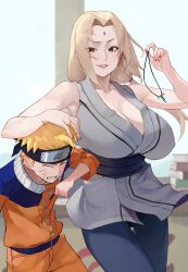  1boy 1girl absurdres age_difference breasts cleavage highres huge_breasts large_breasts naruto_(series) onee-shota shota tsunade_(naruto) uzumaki_naruto 
