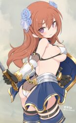  :3 alice_gear_aegis armor bare_shoulders bikini_armor breasts butt_crack flower gauntlets gloves hair_flower hair_ornament highres kimikage_yui large_breasts long_hair open_clothes open_skirt purple_eyes seseragi_(star4rats) shield sideboob skirt thigh_strap weapon 
