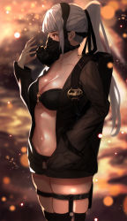  1girl bad_id bad_pixiv_id bikini bikini_top_only black_bikini breasts cleavage female_focus from_side gas_mask hand_in_jacket highres holster jacket light_particles long_hair mask medium_breasts navel original ponytail red_eyes shiodango silver_hair solo standing swimsuit thigh_holster thighs very_long_hair 