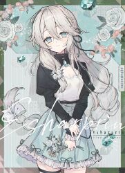  1girl aquamarine_(gemstone) black_shrug blush bouquet braid breasts cleavage cleavage_cutout clothing_cutout commentary_request commission cowboy_shot flower green_eyes green_skirt grey_hair holding holding_bouquet long_hair looking_at_viewer original patterned_background pleated_skirt puffy_sleeves rose shirt shrug_(clothing) sidelocks skirt small_breasts smile solo soriya very_long_hair watermark white_flower white_rose white_shirt 