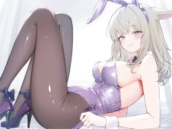  1girl absurdres animal_ears armpit_crease bare_arms bare_shoulders bow bowtie breasts brown_pantyhose cat_ears detached_collar fake_animal_ears fake_tail final_fantasy final_fantasy_xiv from_side grey_hair grin hairband high_heels highleg highleg_leotard highres leotard long_hair looking_at_viewer looking_to_the_side medium_breasts miqo&#039;te pantyhose playboy_bunny purple_eyes purple_leotard purple_shoes rabbit_ears rabbit_tail shoes side-tie_leotard sideboob smile solo strapless strapless_leotard tail thighs warrior_of_light_(ff14) wrist_cuffs yamai_yurika 