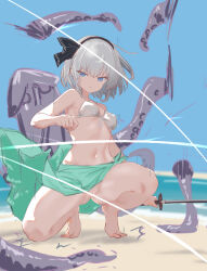  &gt;:( 1girl alternate_costume aqua_sarong beach bikini bikini_top_only black_bow black_hairband blue_eyes blue_sky bow bow_hairband breasts clenched_hand commentary covered_erect_nipples day floating_clothes floating_hair full_body grey_hair hair_between_eyes hairband highres holding holding_sword holding_weapon katana konpaku_youmu light_censor looking_at_viewer navel no_panties ocean on_one_knee outdoors pussy sarong shadow short_hair sidelocks sky slashing small_breasts soara_shimomo solo_focus spaghetti_strap spread_legs swimsuit sword touhou v-shaped_eyebrows weapon white_bikini  rating:Explicit score:28 user:danbooru