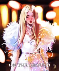  1girl blackpink blonde_hair blush closed_eyes closed_mouth cowboy_shot eyeshadow highres husky_tzu k-pop long_hair makeup real_life red_lips rose_(blackpink) solo song_name 