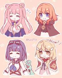  4girls absurdres black_bow black_shirt blonde_hair blue_eyes blue_neckerchief blue_ribbon blue_shirt blue_sleeves blush_stickers bob_cut bow breasts brooch brown_cloak clear_(princess_connect!) cloak closed_eyes closed_mouth commentary_request cropped_torso crown_ornament deformed detached_sleeves double-parted_bangs elbow_gloves english_text facing_viewer framed_breasts gloves hair_bow hair_ornament hair_over_shoulder hair_rings hairclip hatsune_(princess_connect!) highres hood hood_down hooded_cloak jewelry long_hair looking_at_viewer low_side_ponytail medium_hair misora_(princess_connect!) muimi_(princess_connect!) multiple_girls neck_ribbon neckerchief open_mouth orange_hair outline pendant pink_hair pointy_ears princess_connect! purple_hair ribbon runa_(runa7733) shirt sidelocks sleeping sleeveless sleeveless_shirt smile star_(symbol) star_brooch star_hair_ornament striped_bow stuffed_toy torn_clothes torn_shirt twitter_username v-shaped_eyebrows white_cloak white_gloves white_outline white_shirt wing_hair_ornament yellow_eyes zzz 