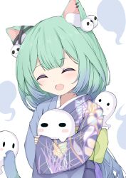  1girl absurdres alternate_costume animal_ears blue_hair blue_kimono cat_ears cat_girl cat_tail center-flap_bangs closed_eyes double-parted_bangs ear_ornament facing_viewer fandead_(uruha_rushia) fang floral_print floral_print_kimono gradient_hair green_hair highres holding hololive japanese_clothes kimono kyouwashi long_hair multicolored_hair open_mouth print_kimono skin_fang skull_ornament smile solo tail upper_body uruha_rushia virtual_youtuber white_background 