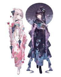  2girls absurdres animal_print arcaea black_boots black_bow black_gloves black_hair black_kimono blue_butterfly blue_eyes blue_gemstone boots bow breasts bug butterfly butterfly_on_hand butterfly_print closed_mouth commentary dango floral_print floral_print_kimono flower food frilled_sleeves frills full_body gem gem_hair_ornament gloves grey_eyes hair_bow hair_bun hair_ornament hair_up highres hikari_(arcaea) holding holding_skewer holding_umbrella insect japanese_clothes kimono long_hair long_sleeves looking_at_viewer miyu_(miy_u1308) multiple_girls neck_ribbon obi obijime oil-paper_umbrella pink_butterfly pink_flower print_kimono print_umbrella ribbon sanshoku_dango sash short_hair simple_background single_hair_bun skewer smile standing standing_on_one_leg tachi-e tairitsu_(arcaea) umbrella wagashi white_background white_boots white_gloves white_hair white_kimono wide_sleeves yukata 