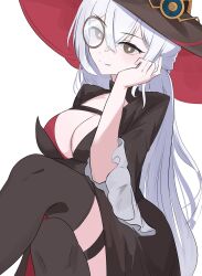  1girl absurdres black_dress black_eyes breasts brown_hat cleavage diabellstar_the_black_witch dress duel_monster hat highres large_breasts long_hair monocle nbee_ya official_alternate_costume simple_background sitting solo white_background white_hair witch_hat yu-gi-oh! 