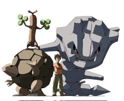  1boy arm_up black_shirt brock_(pokemon) brown_hair brown_pants brown_shoes closed_eyes closed_mouth crossed_arms gen_1_pokemon gen_2_pokemon golem_(pokemon) highres long_sleeves looking_at_viewer male_focus nintendo orange_sweater pants pokemon pokemon_hgss psaber97 red_eyes shirt shoes simple_background spiked_hair standing steelix sudowoodo sweater teeth v-neck white_background 
