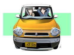  2girls :d absurdres arms_behind_back black_hair blunt_bangs brown_eyes car closed_eyes driving highres looking_at_another motor_vehicle multiple_girls open_mouth siblings signature sisters smile suzuki_hustler swept_bangs toba_minami toba_ryouko vehicle_focus yas_(yosiyasuyasu) yellow_car yurucamp 