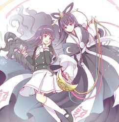  2girls :d bell black_dress black_hair black_jacket black_shoes blunt_bangs buttons camera cardcaptor_sakura collared_shirt creator_connection crescent_print daidouji_tomoyo double-breasted dress feixianji_(hairstyle) gown hair_ornament hair_stick hair_tubes hand_on_own_cheek hand_on_own_face highres holding holding_bell holding_camera holding_ribbon in-franchise_crossover jacket japanese_clothes kimono kneehighs kurabayashi layered_kimono long_hair long_sleeves look-alike looking_at_another looking_to_the_side mary_janes multiple_girls necktie open_mouth pleated_skirt purple_eyes ribbon sash school_uniform shawl shirt shoes skirt smile socks tassel tomoeda_middle_school_uniform tomoyo_hime tsubasa_chronicle tsuki_no_suzu very_long_hair video_camera wavy_hair white_background white_kimono white_necktie white_sash white_shawl white_shirt white_skirt white_socks wide_sleeves 