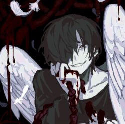  black_background black_eyes black_hair black_shirt blood blood_on_hands chino_(sky_tanosi) feathered_wings feathers hair_over_one_eye intestines original shirt short_hair solo upper_body white_feathers white_wings wings 