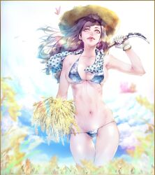  1girl artist_request bikini breasts groin highres large_breasts lips lowleg micro_bikini navel ribs scythe sweat sweatdrop swimsuit tagme 