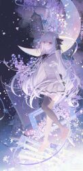  1girl absurdres black_bow black_thighhighs blush bow braid breasts closed_mouth crescent_moon crown_braid flower grey_hair hair_between_eyes highres jacket long_hair long_sleeves looking_at_viewer moon red_eyes sakurakouji_luna school_uniform shirt shoes skirt solo thighhighs tsuki_ni_yorisou_otome_no_sahou umehara_sei very_long_hair white_shirt 