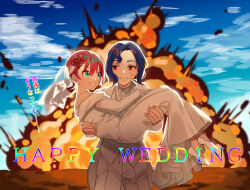  1boy 1girl amate_yuzuriha aqua_eyes bare_shoulders blue_hair blush breasts bridal_veil bride carrying carrying_person colored_inner_hair couple dress elbow_gloves explosion explosion_background flower formal_clothes gloves groom gundam gundam_gquuuuuux hair_flower hair_ornament happy_wedding hetero highres holding husband_and_wife long_sleeves multicolored_hair open_mouth pants princess_carry purple_hair red_eyes red_hair satsuki_(popopomama_52) shirt short_hair shuji_ito smile smoke strapless strapless_dress suit sweatdrop tuxedo two-tone_hair veil wedding wedding_dress white_dress white_gloves white_shirt 