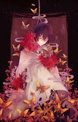  1boy bandaged_neck bandages black_border black_hair border brown_coat bug bungou_stray_dogs butterfly cloak coat collared_shirt cowboy_shot dazai_osamu_(bungou_stray_dogs) egasumi eveshut flower flower_on_chest flower_on_shoulder hair_between_eyes hanged highres insect looking_at_viewer male_focus morning_glory noose outside_border parted_lips red_background red_flower rope_around_neck shirt short_hair skeletal_arm smile solo spider_lily teruterubouzu white_cloak white_shirt yellow_butterfly yellow_eyes 