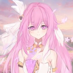  1girl breasts chinese_commentary cleavage commentary_request corset diamond-shaped_pupils diamond_(shape) elysia_(herrscher_of_human:_ego)_(honkai_impact) elysia_(honkai_impact) gradient_sky honkai_(series) honkai_impact_3rd large_breasts long_hair looking_at_viewer outdoors pink_hair purple_eyes sky smile solo symbol-shaped_pupils triquetra veil very_long_hair white_corset white_veil xingyun_xing 
