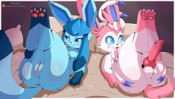  1boy 1girl :3 animal_ears anus anus_peek ass blue_eyes blue_fur blush cleft_of_venus closed_mouth cloudeon erection feet furry furry_female furry_male gen_4_pokemon gen_6_pokemon glaceon highres legs_up looking_at_viewer lying nintendo on_back on_bed open_mouth patreon_username penis perineum pillow pokemon pokemon_(creature) pussy soles sylveon tail take_your_pick testicles toes twitter_username uncensored white_fur 