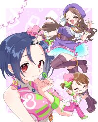  3girls ;d ^_^ absurdres aqua_skirt arm_between_breasts asymmetrical_bangs bare_shoulders belt beret between_breasts blue_hair blush_stickers bob_cut boots breasts brown_eyes brown_hair closed_eyes closed_mouth collar dancing deformed dot_nose dress earrings foot_up forehead frilled_wrist_cuffs frills futami_ami green_shoes grin hat heart-shaped_hat highres idolmaster idolmaster_(classic) idolmaster_million_live! idolmaster_million_live!_theater_days jewelry large_breasts light_smile long_hair looking_at_viewer medium_hair minase_iori miura_azusa multiple_girls one_eye_closed open_mouth outside_border palace_of_dragon_(idolmaster) pantyhose pink_background pink_hat pink_pantyhose pink_shirt pink_shorts ponytail princess_melody_(idolmaster) purple_dress purple_hat red_eyes running ryuuguu_komachi_(idolmaster) shapes shirt shoes short_hair short_ponytail shorts side_ponytail simple_background single_sidelock skirt sleeveless sleeveless_shirt small_breasts smile sukoyaka_(100hituzi) swept_bangs thigh_boots v very_long_hair white_collar wrist_cuffs wristband 